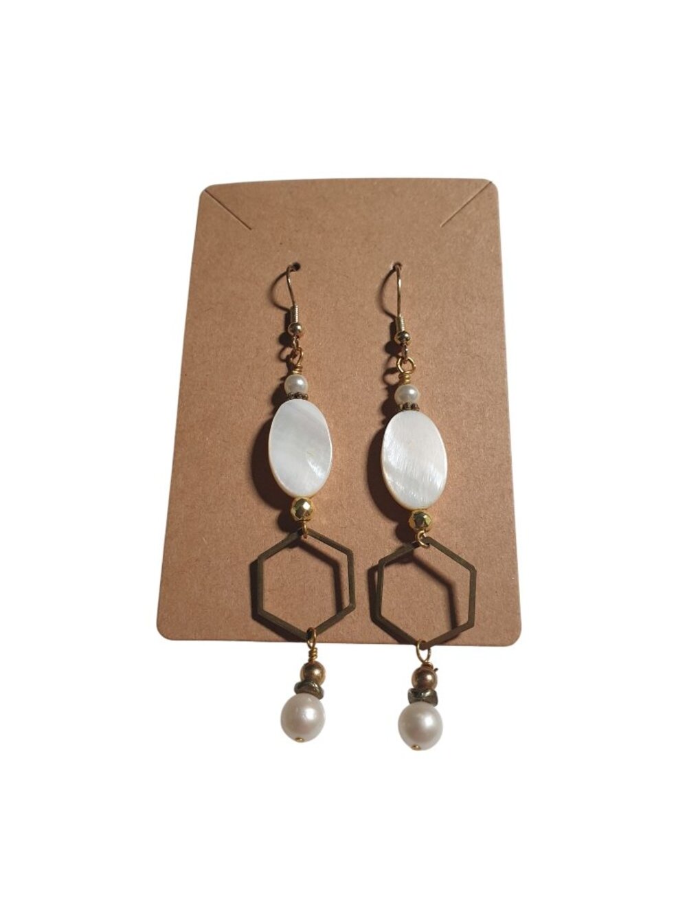 Mother Of Pearl Hexagon Dangle Earrings White Gold Geometric Drop Hook Pierced